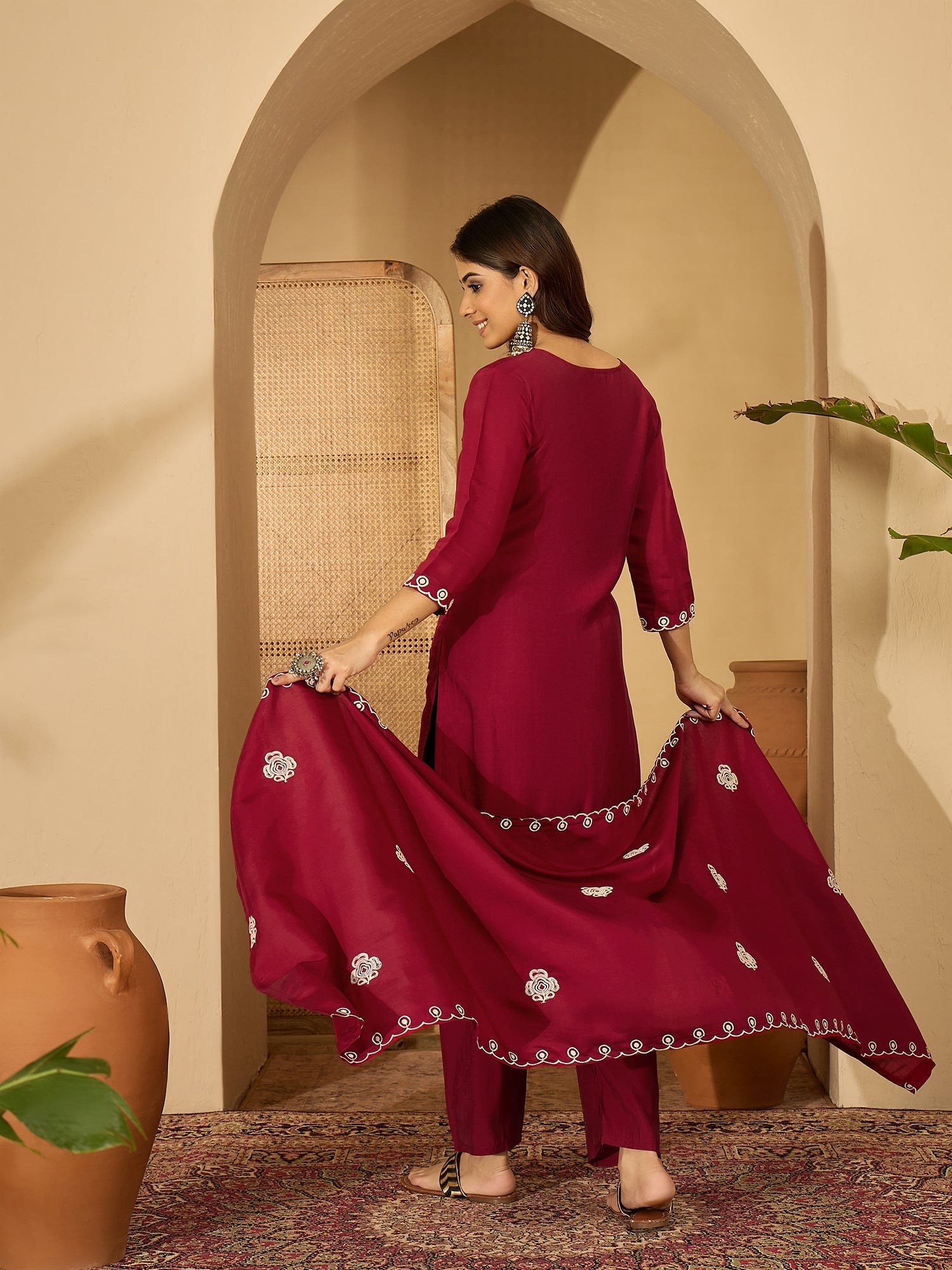 Joban Fashion Maroon Silk Embroidery Readymade Kurta Set