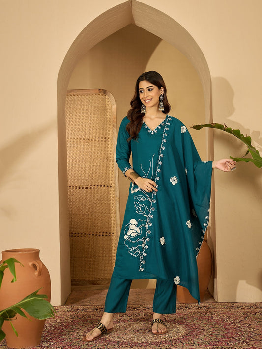 Joban Fashion Teal Silk Embroidery Readymade Kurta Set