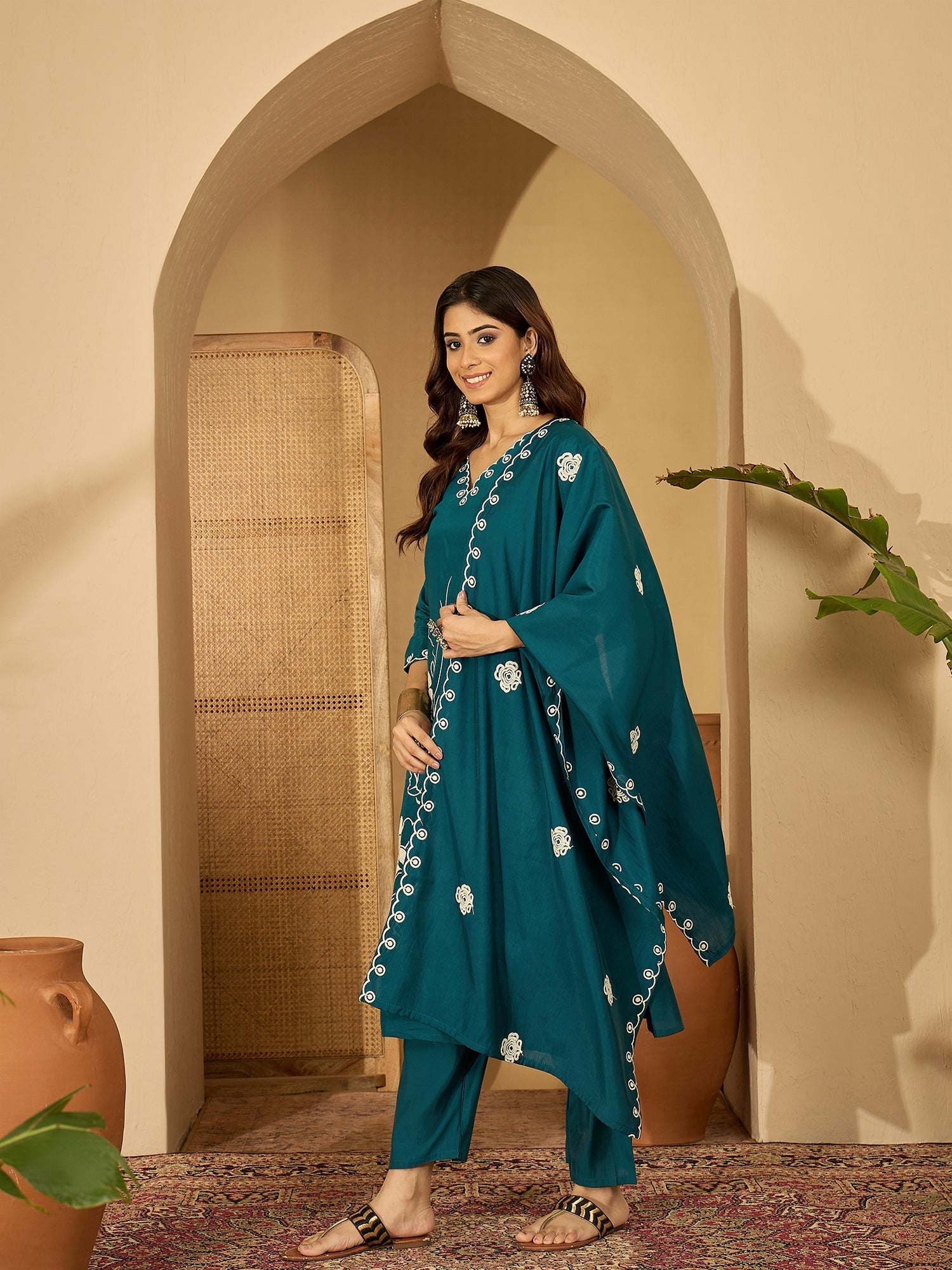 Joban Fashion Teal Silk Embroidery Readymade Kurta Set