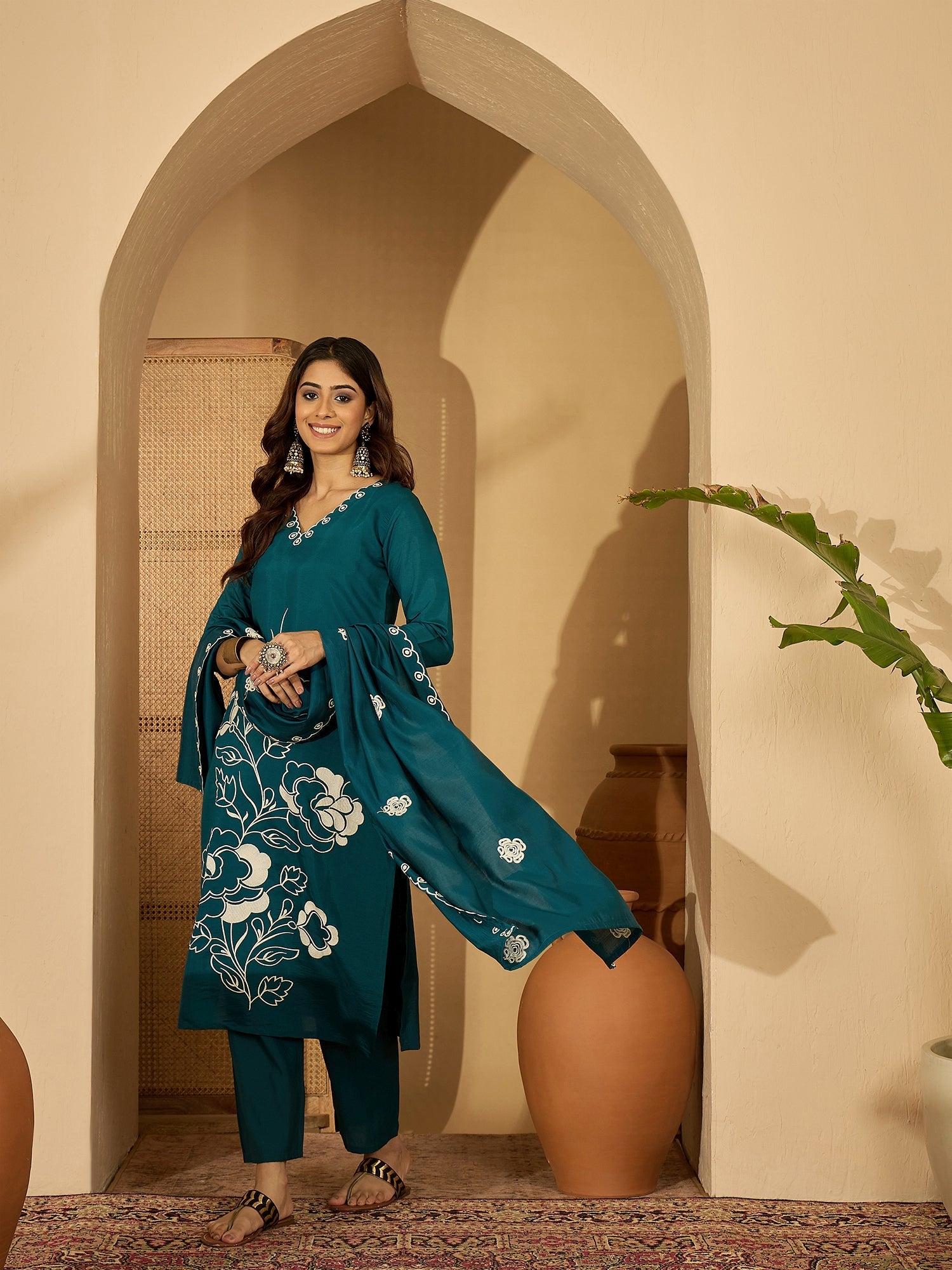 Joban Fashion Teal Silk Embroidery Readymade Kurta Set
