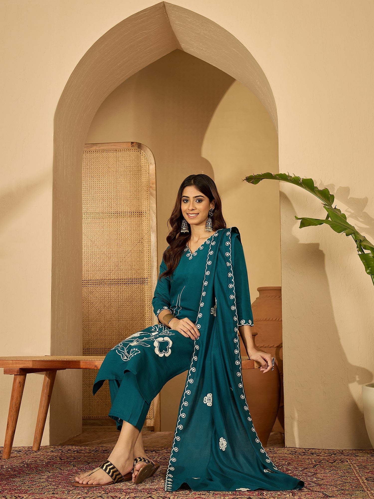 Joban Fashion Teal Silk Embroidery Readymade Kurta Set