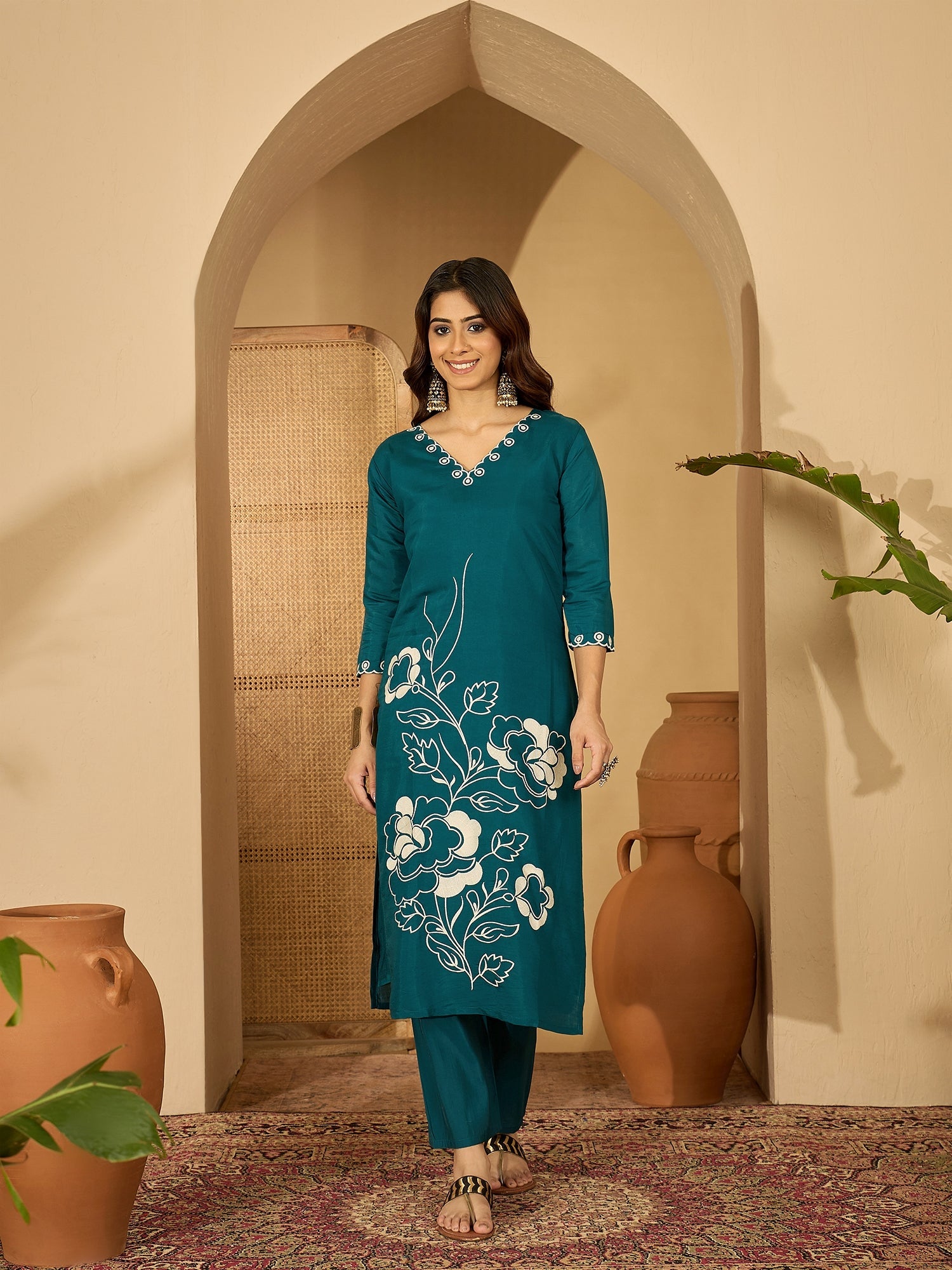 Joban Fashion Teal Silk Embroidery Readymade Kurta Set