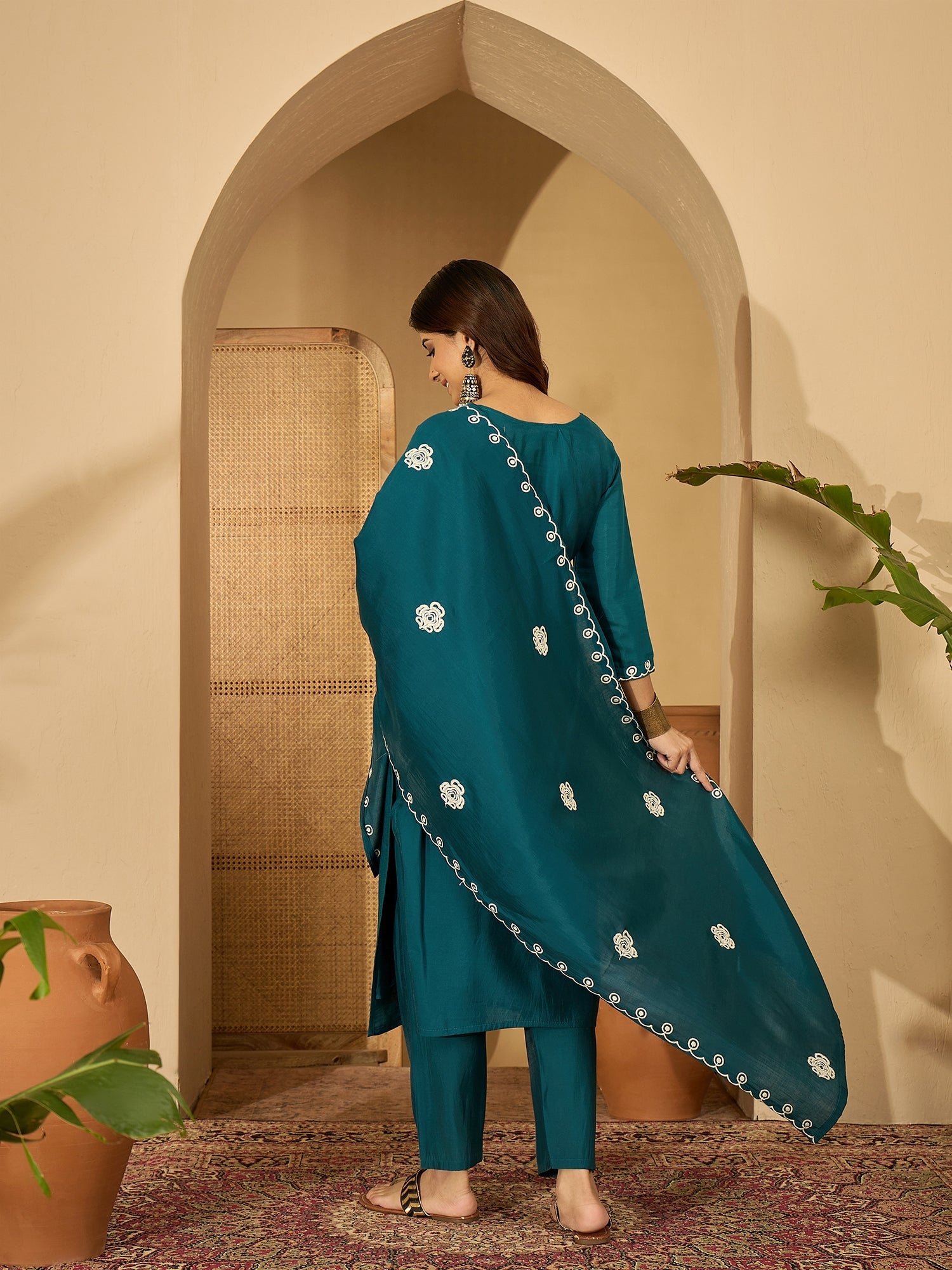 Joban Fashion Teal Silk Embroidery Readymade Kurta Set