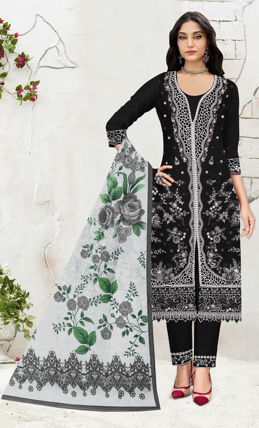Anaita Black Slub Cotton Suit with Embroidered Multi Work