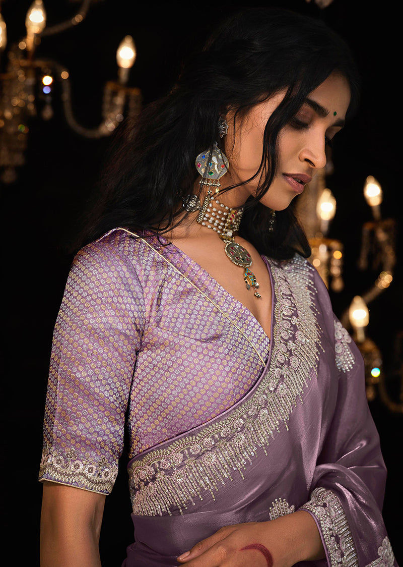 Monjolika Fashion Lilac Colour Tissue Silk Embroidered Saree