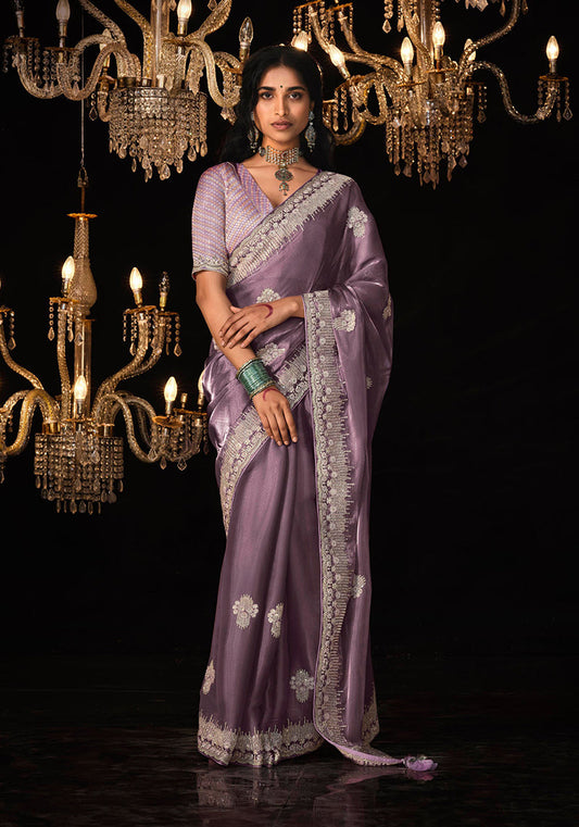 Monjolika Fashion Lilac Colour Tissue Silk Embroidered Saree