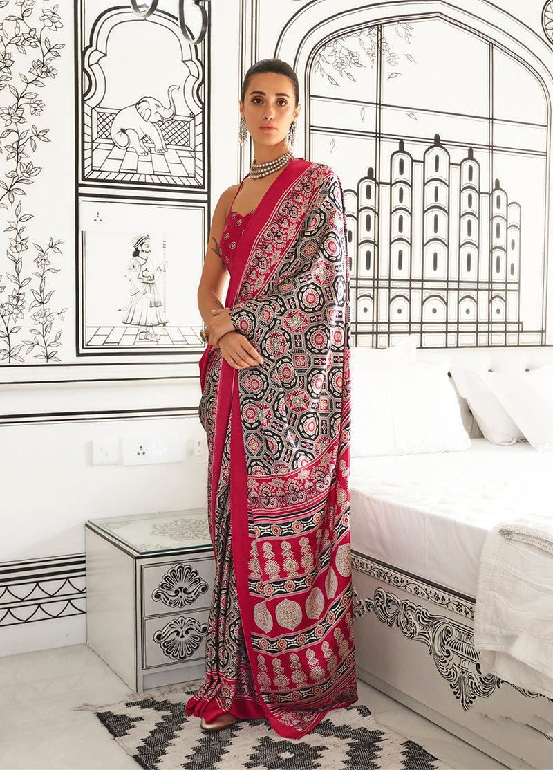 Monjolika Fashion Black & Maroon Colour Satin Crepe Printed Lightwear Sarees