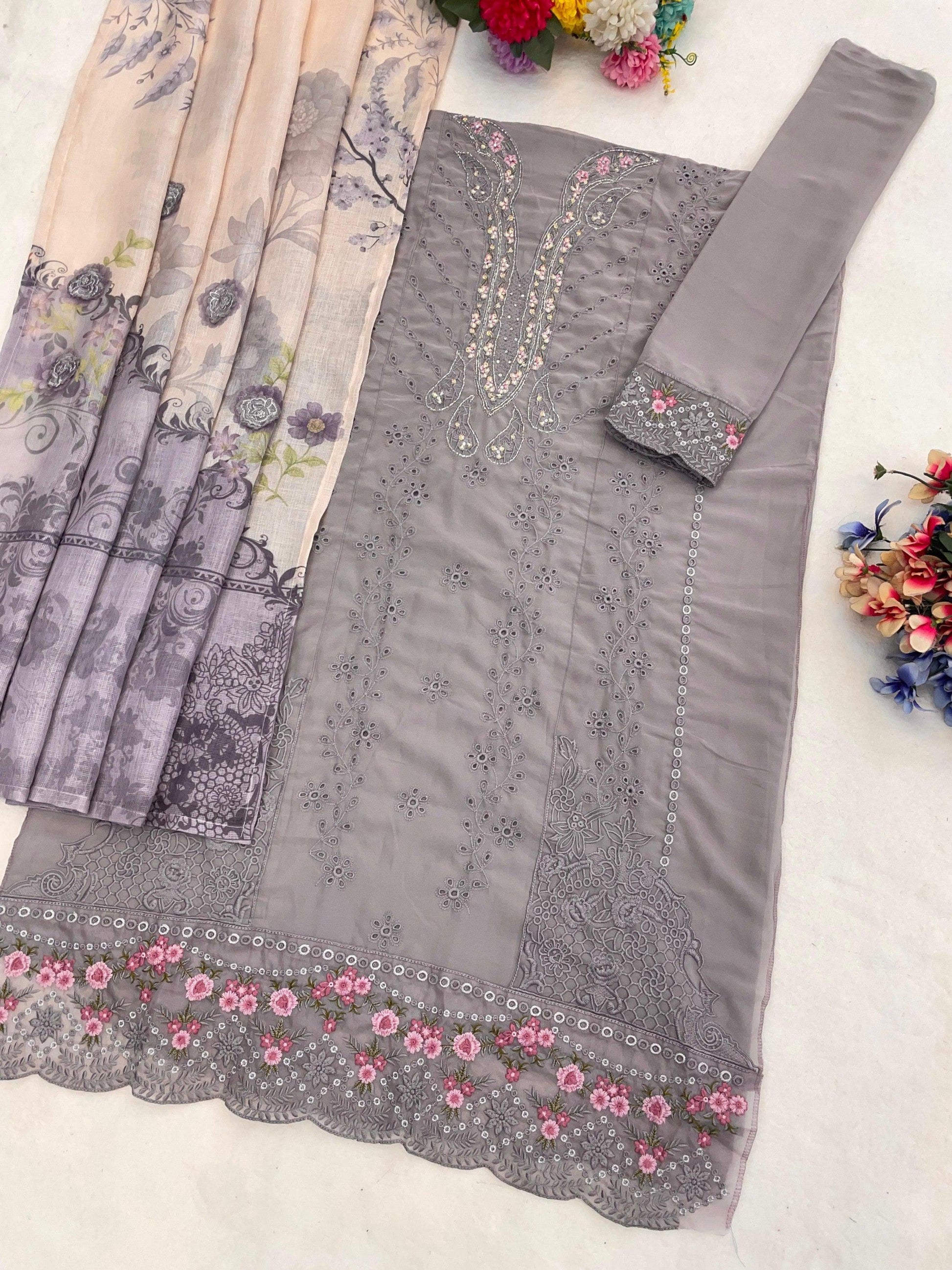 Anaita Grey Faux Georgette Suit With Embroidery Work