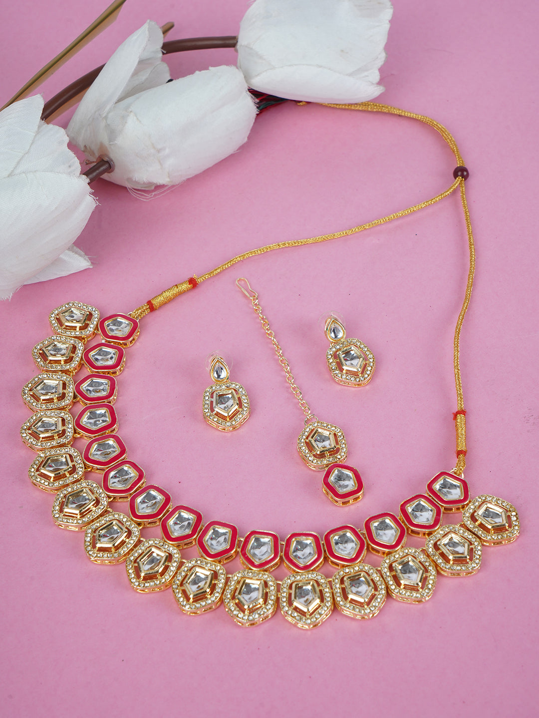 Divisha Alloy Gold-plated Pink Meenakari Kundan Jewellery Set | Grab2Buy