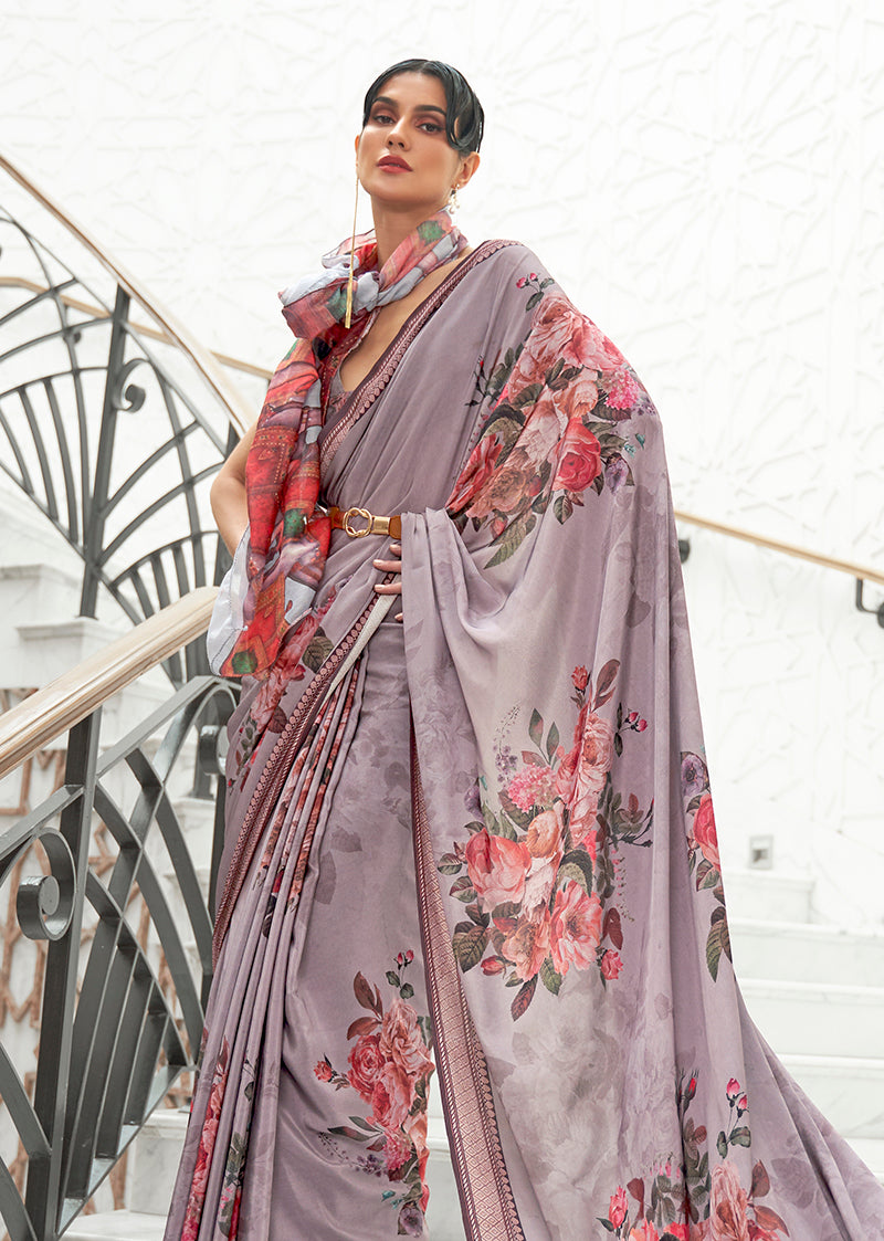 Monjolika Fashion Grey Colour Classic Digital Printed Crepe Silk Saree