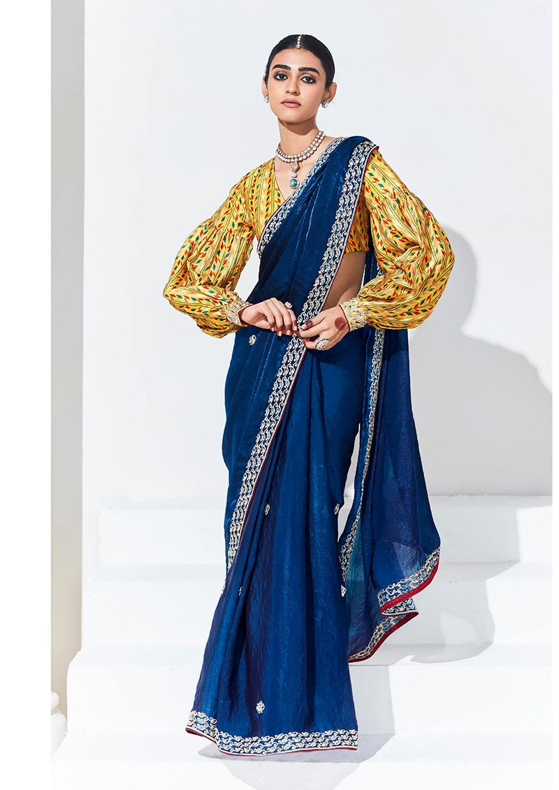 Monjolika Fashion Dark Blue Embroidered Sequence Work Saree For Festival