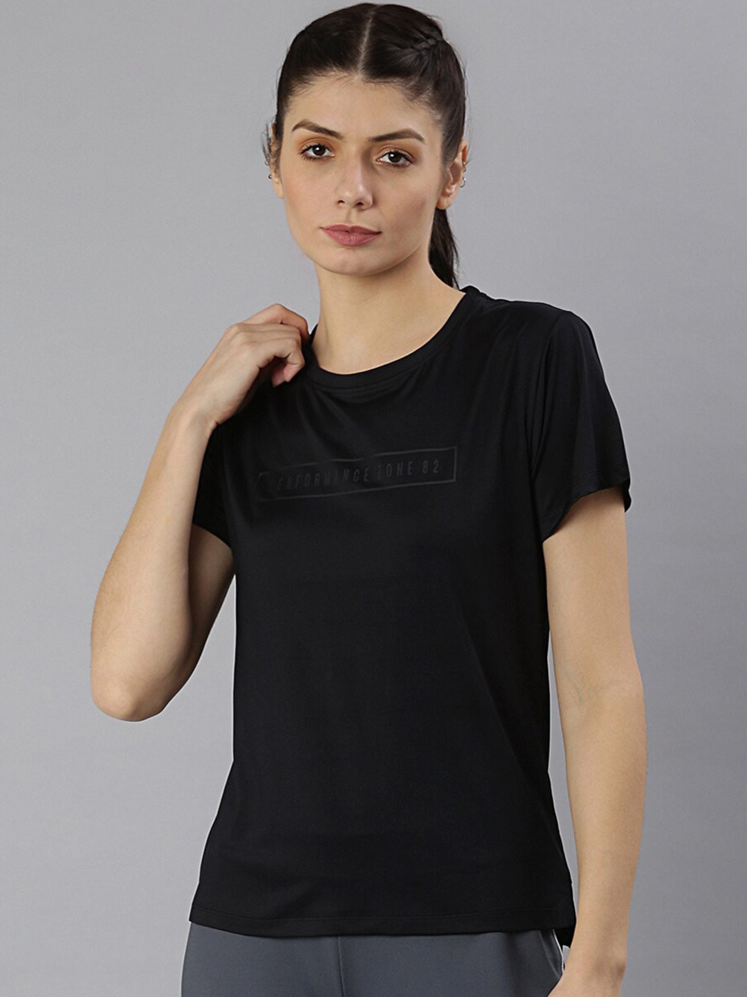 MKH Women Black Typography Dri-FIT Polyester Round Neck Sports T-shirt 