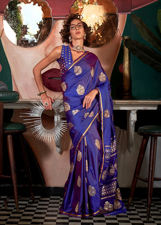 Monjolika Fashion Purple Pure Satin Silk Weaving Zari Classic Saree