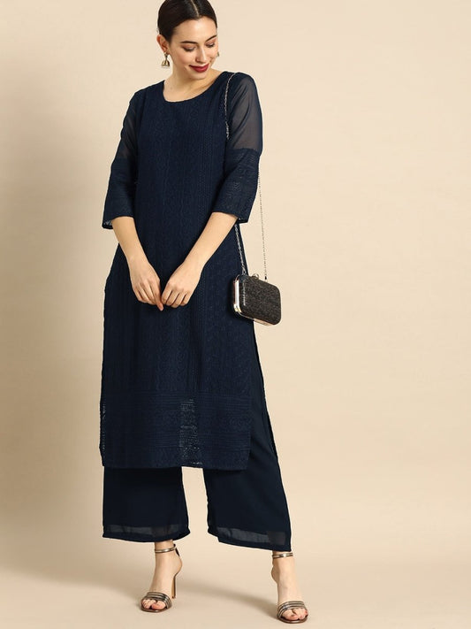Anouk Women Navy Blue Chikankari Embroidered Kurta with Palazzos 