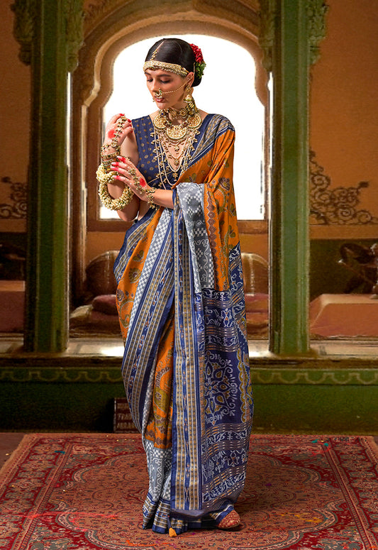 Monjolika Fashion Silk Patola Print Mustard Traditional Saree