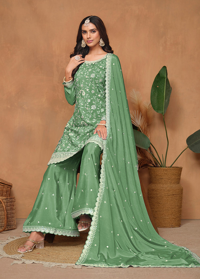 Monjolika Fashion Light-Green Color Embroidered Santoon Chinnon Salwar Suit