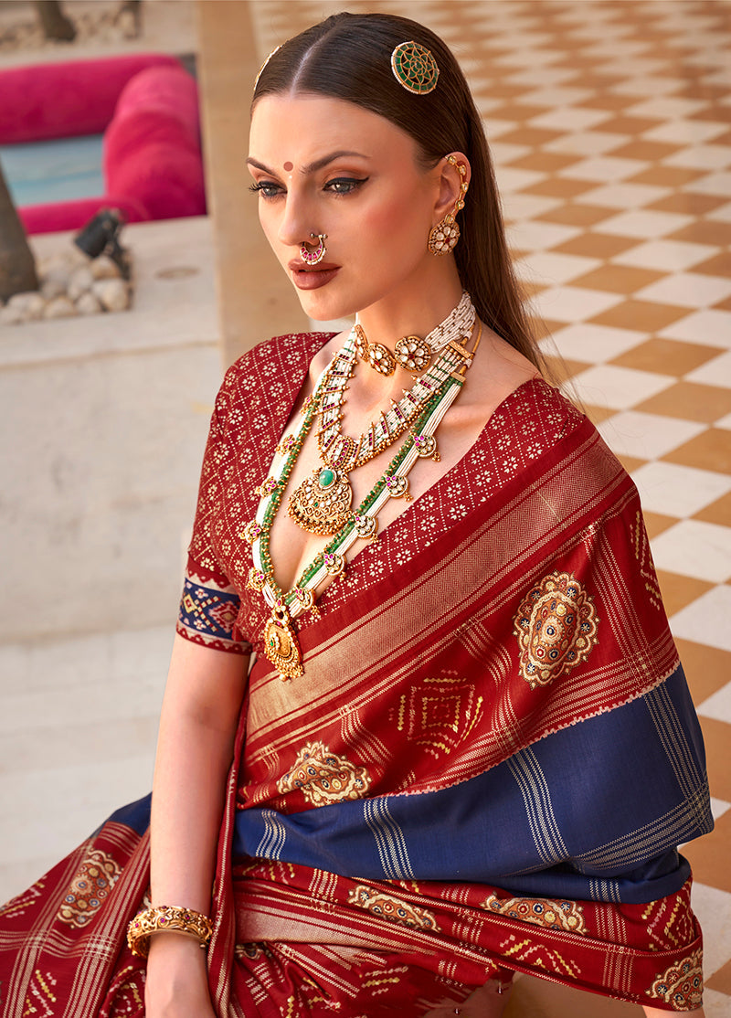 Monjolika Fashion Navy Blue Patola Foliage Prints Silk Designer Saree