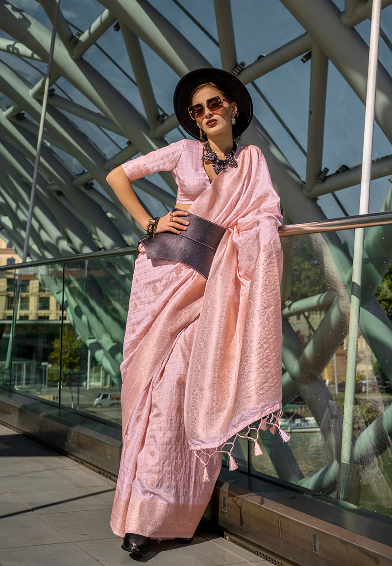 Monjolika Fashion Katan Silk Weaving Zari Work Light Pink Classic Saree