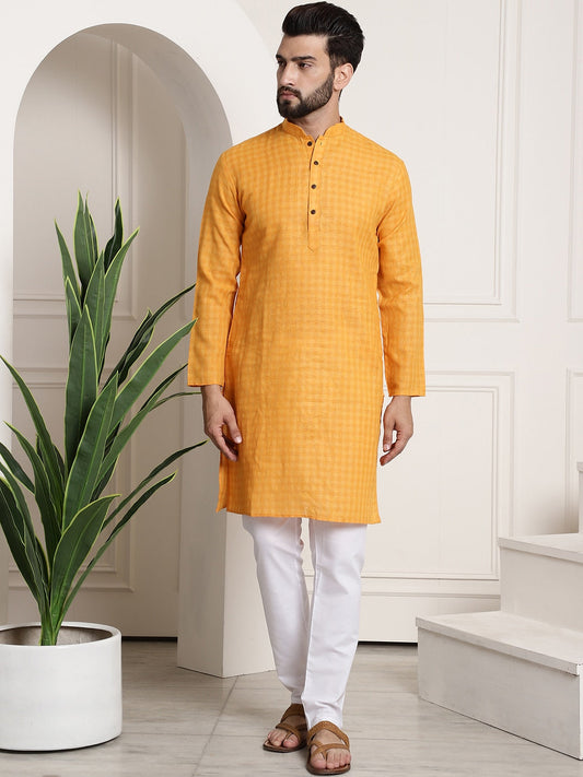 Sojanya Men Mustard Yellow Dobby Self-Checked Straight Kurta 