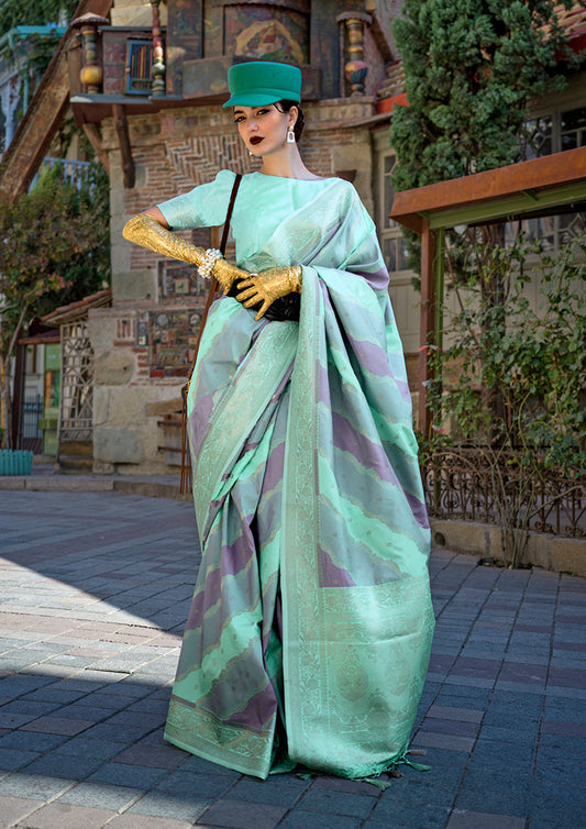 Monjolika Fashion Sea Green Katan Silk Weaving Zari Traditional Saree