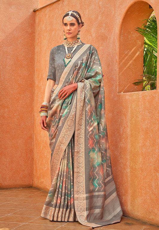 Monjolika Fashion Silk Foil Print Trendy Saree In Grey