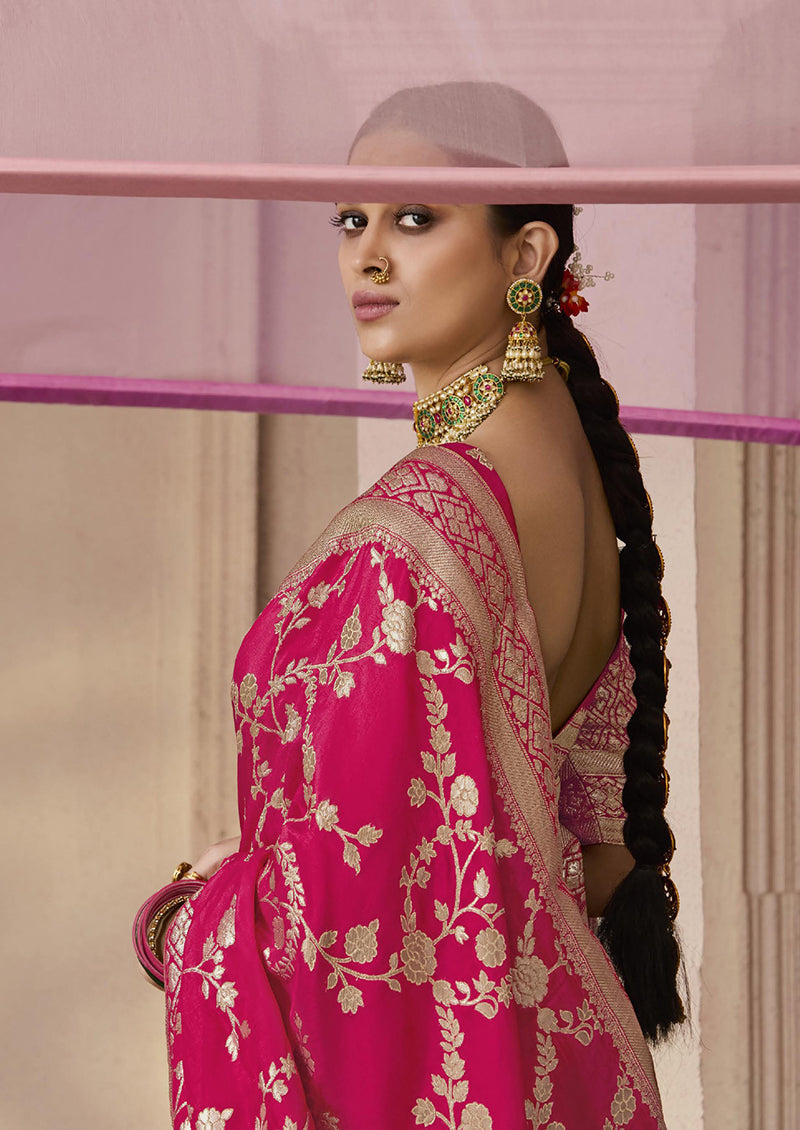 Monjolika Fashion Rani Pink Viscose Weaving Floral Printed Trendy Saree