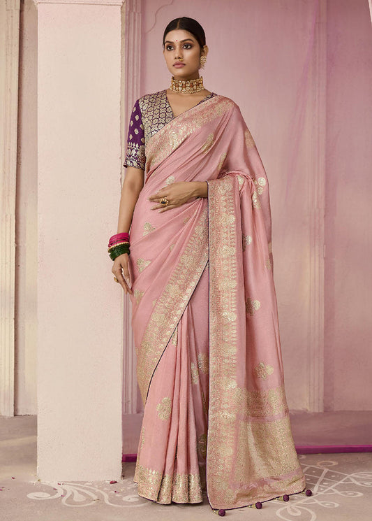 Monjolika Fashion Light Pink Weaving Floral Printed Viscose Designer Saree