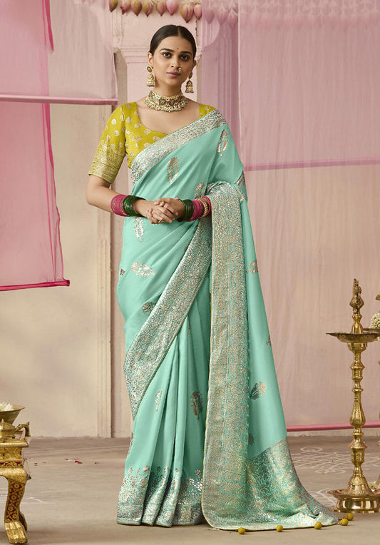 Monjolika Fashion Weaving Floral Printed Viscose Classic Saree In Aqua Blue