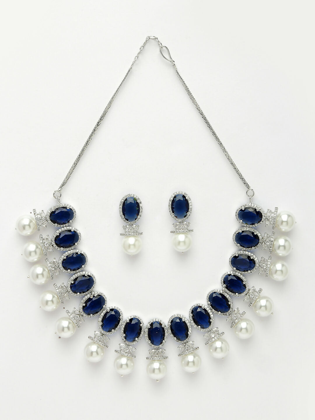 NVR Women's Silver-Plated Blue American Diamond Studded Handcrafted Jewellery Set - Grab2buy