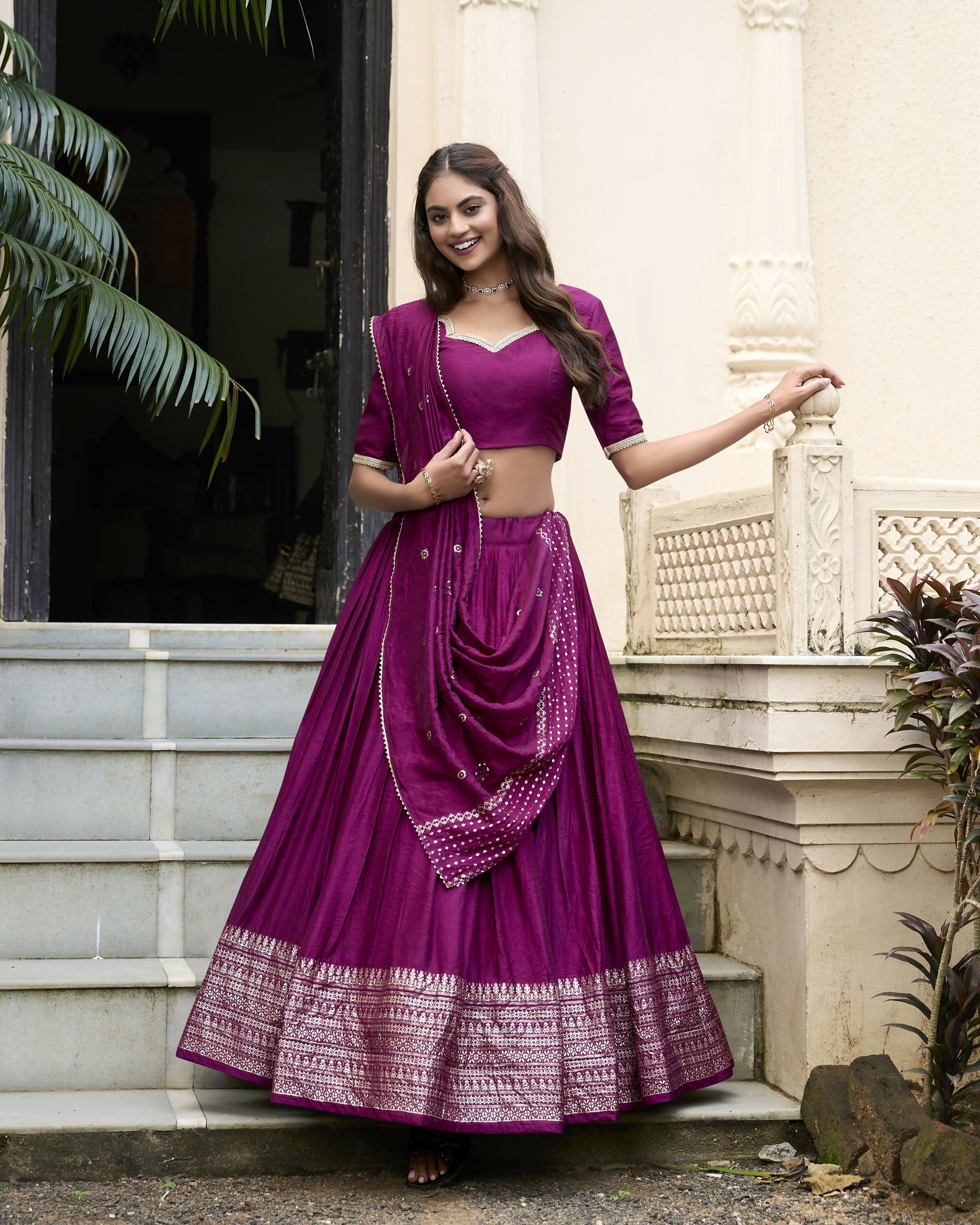 Lorenvalley Wine Pure Chanderi Plain With Zari Weaving Work Border Lehenga Choli 