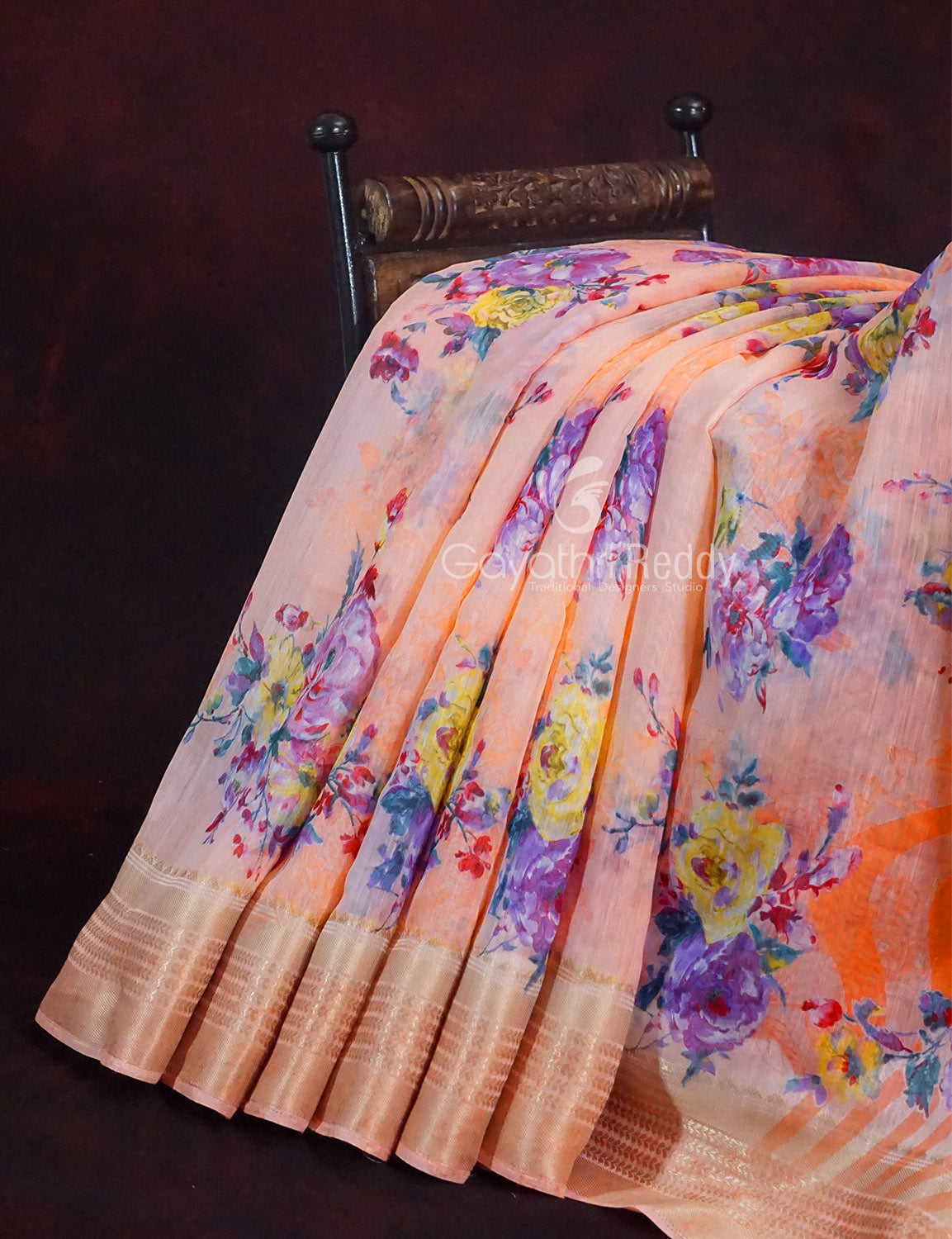 Vibrant Combination of Baby Peach and Orange with Floral Design Semi Chanderi Grab2Buy By Gayathri Reddy Designer Studio 