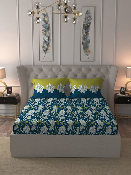 MYTRIDENT Blue White Floral Cotton 144 TC Queen Bedsheet With 2 Pillow Covers 