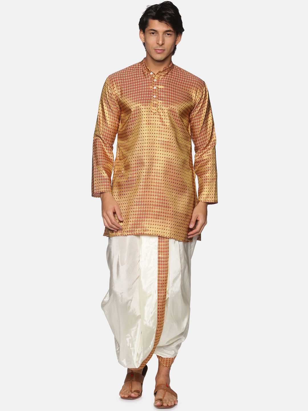 Sethukrishna Men Gold-Toned Striped Kurta with Dhoti Pants