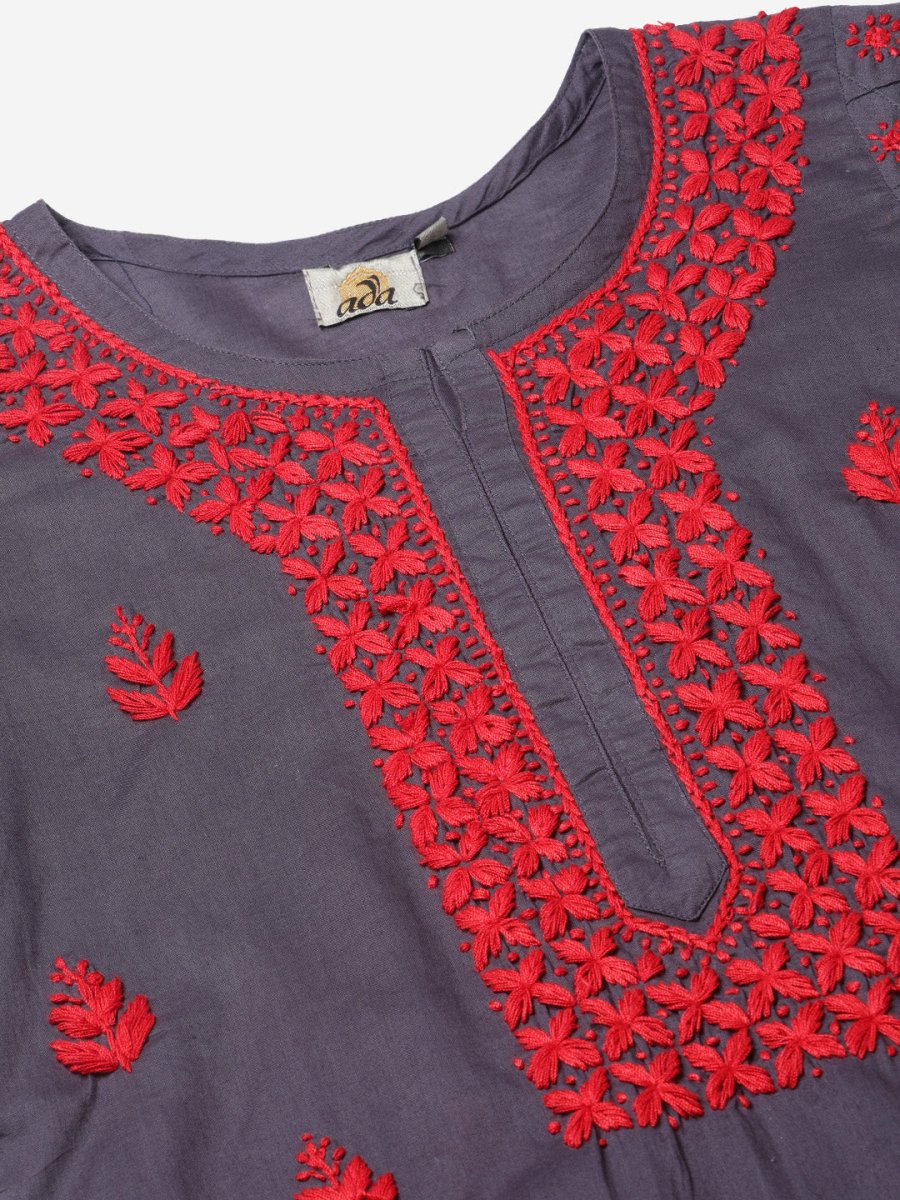 ADA Women Charcoal Grey & Red Chikankari Hand Embroidered Cotton Straight Sustainable Handloom Kurta 