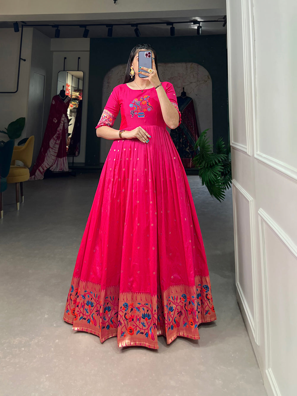 Lorenvalley Pink Jacquard Silk Paithani Woven Design Gown 