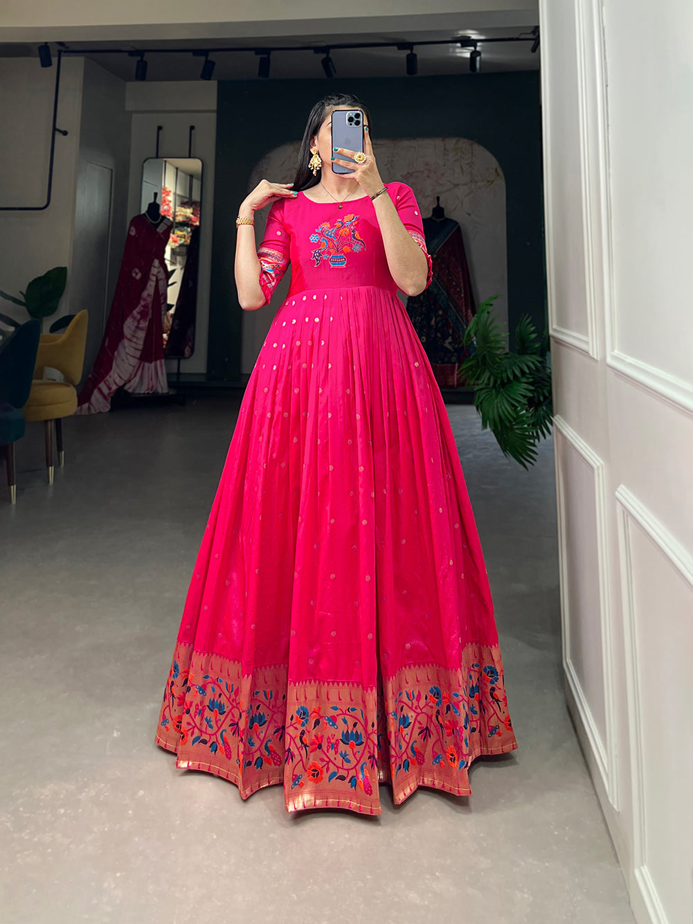 Lorenvalley Pink Jacquard Silk Paithani Woven Design Gown 