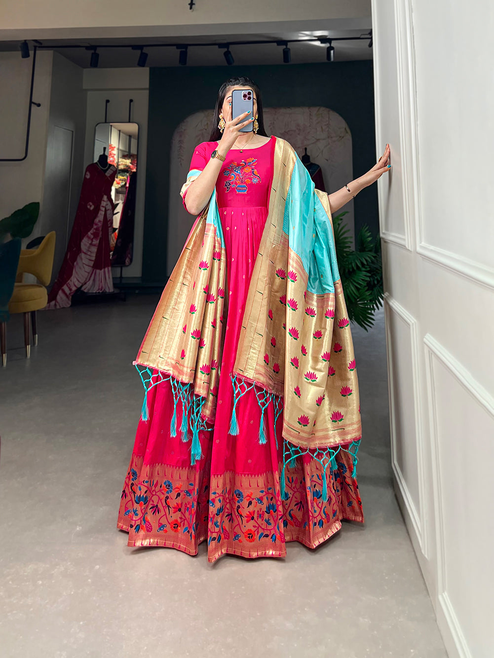 Lorenvalley Pink Jacquard Silk Paithani Woven Design Gown with Dupatta 