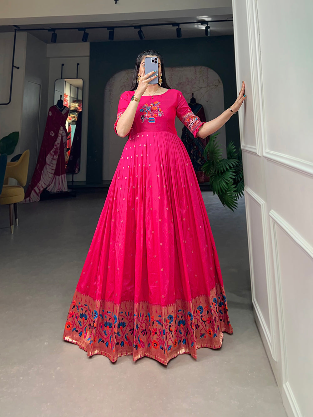 Lorenvalley Pink Jacquard Silk Paithani Woven Design Gown 