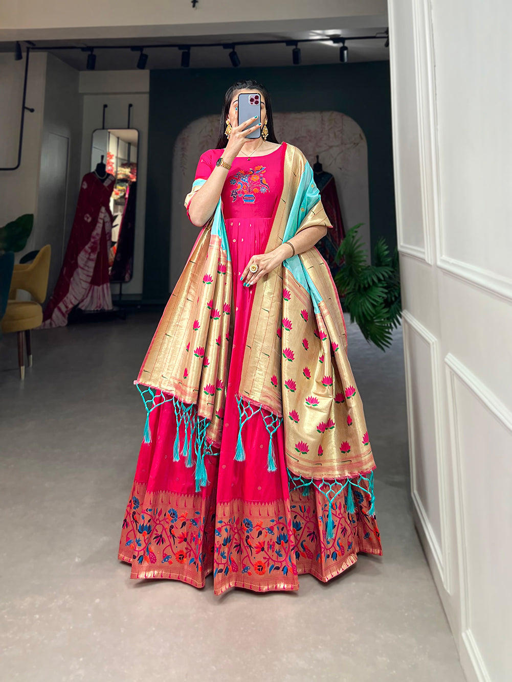 Lorenvalley Pink Jacquard Silk Paithani Woven Design Gown with Dupatta 
