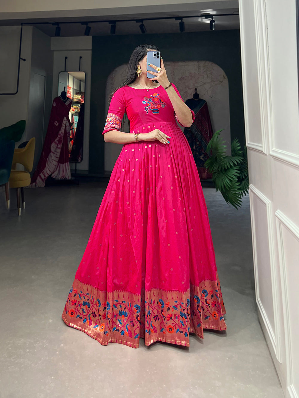 Lorenvalley Pink Jacquard Silk Paithani Woven Design Gown 