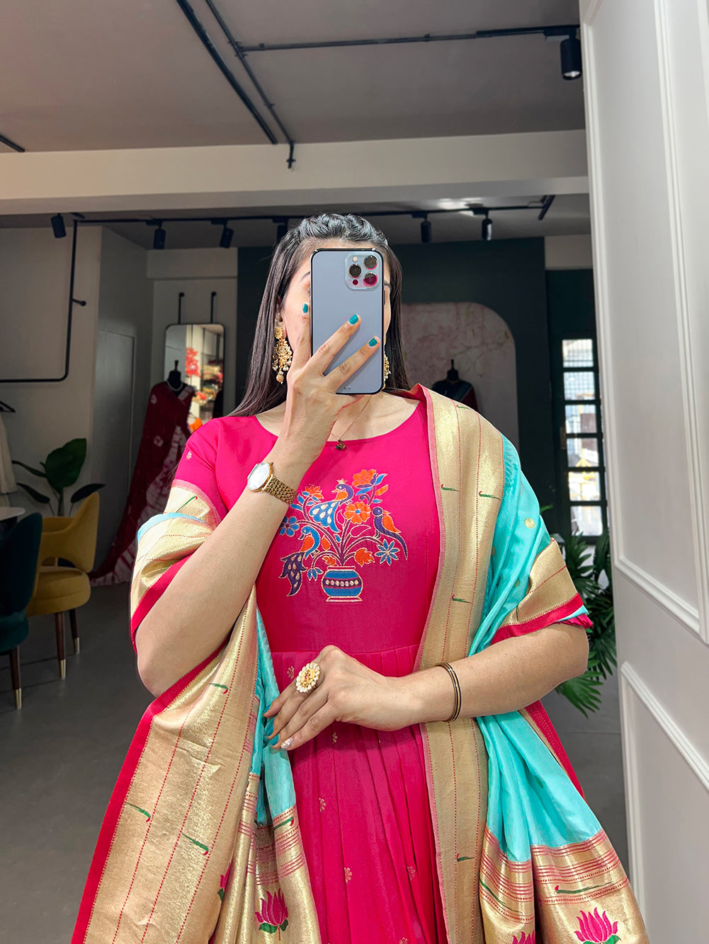 Lorenvalley Pink Jacquard Silk Paithani Woven Design Gown with Dupatta 
