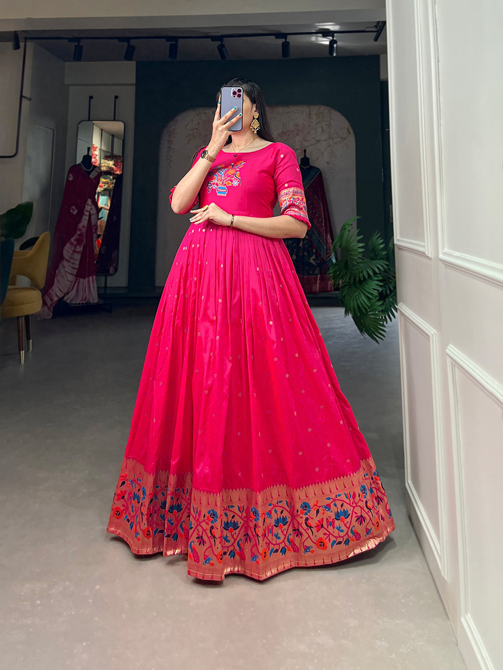 Lorenvalley Pink Jacquard Silk Paithani Woven Design Gown 