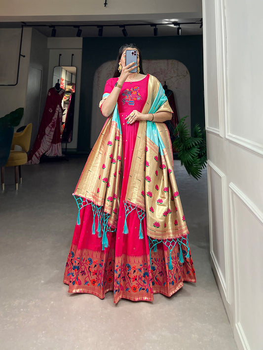 Lorenvalley Pink Jacquard Silk Paithani Woven Design Gown with Dupatta 