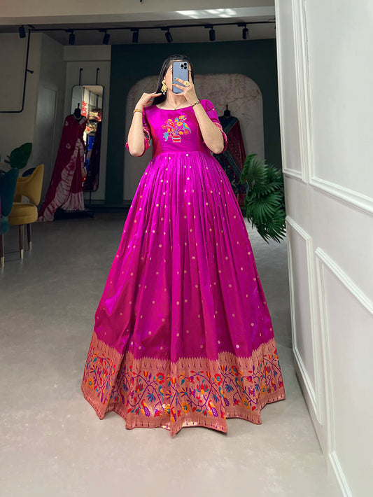 Lorenvalley Purple Jacquard Silk Paithani Woven Design Gown 