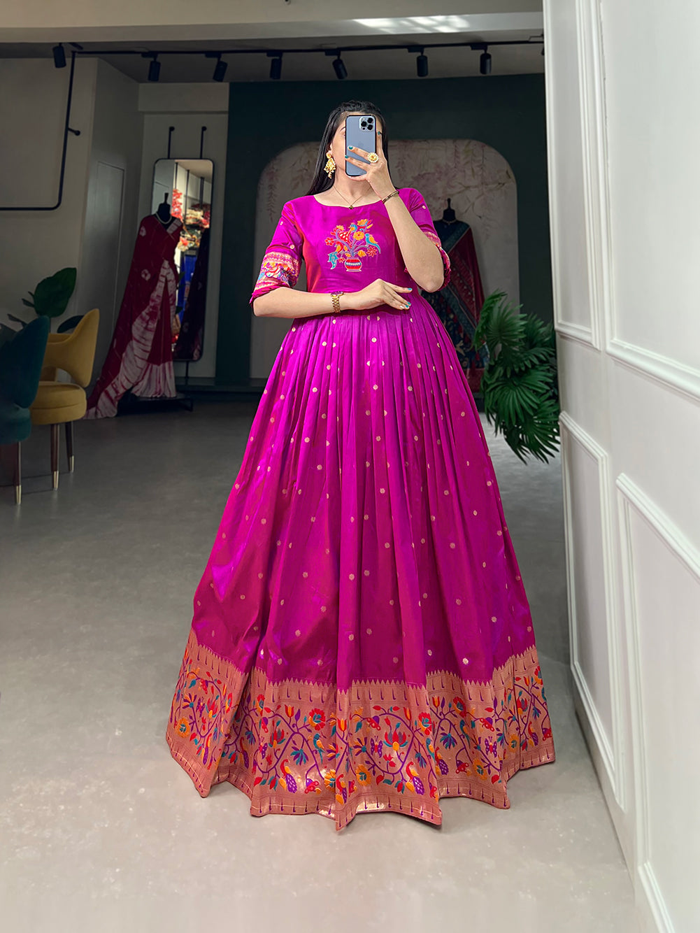 Lorenvalley Purple Jacquard Silk Paithani Woven Design Gown 