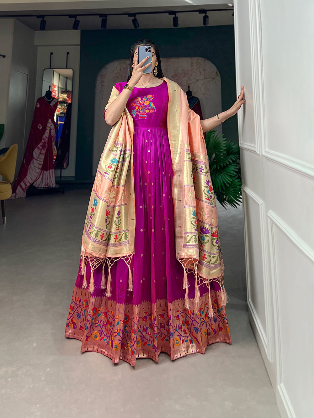 Lorenvalley Purple Jacquard Silk Paithani Woven Design Gown with Dupatta 