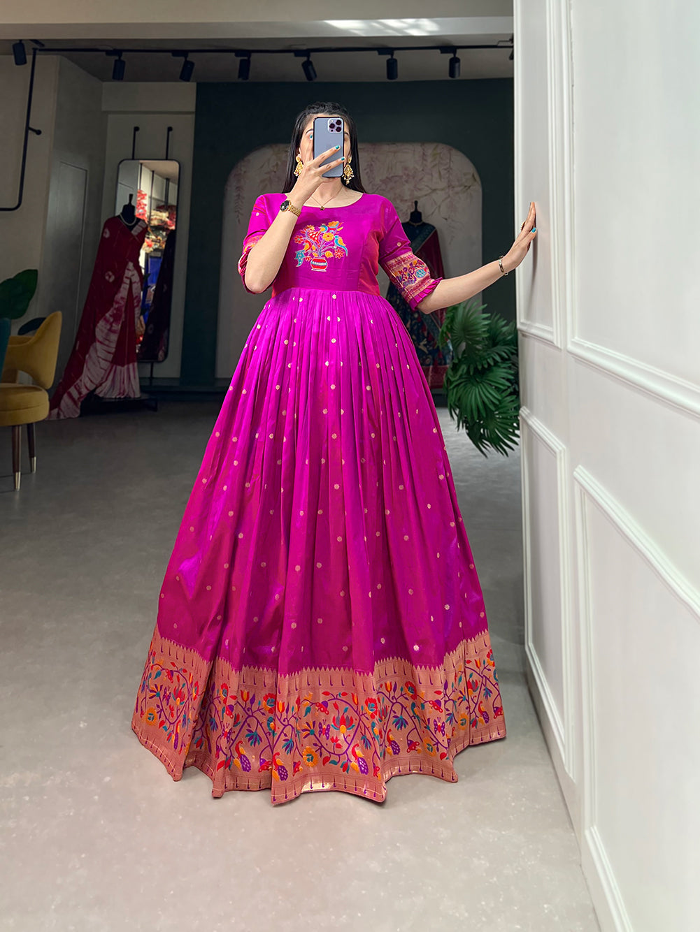 Lorenvalley Purple Jacquard Silk Paithani Woven Design Gown 