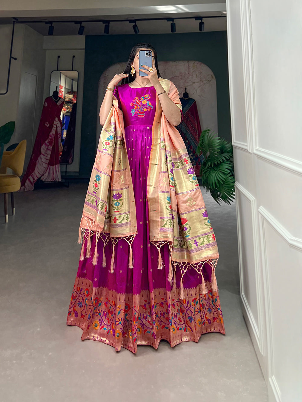 Lorenvalley Purple Jacquard Silk Paithani Woven Design Gown with Dupatta 