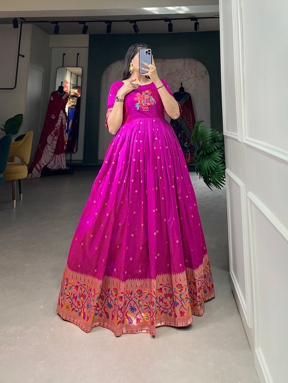 Lorenvalley Purple Jacquard Silk Paithani Woven Design Gown 