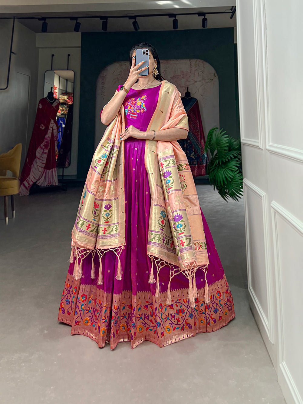 Lorenvalley Purple Jacquard Silk Paithani Woven Design Gown with Dupatta 